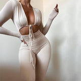Allwanna  Long Sleeve  Bodysuit Women Jumpsuits Solid Color Female Deep V-Neck Tied Up Rompers Fitness Front Hollow Out Long Pants  2022