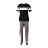 Allwanna  Plaid Striped Short Sleeve Tape Top & Drawstring Pants Set Casual Basic Women Two Piece Set