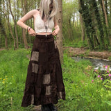 Allwanna  Brown Dark Color Printed Pleated Skirts Emo Boho Grunge Fairycore Retro Y2k Patchwork Long Skirts Holiday Women Elegant