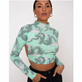 Allwanna  High Street Dragon Printed Women T-Shirts Sexy Backless Crop Top Long Sleeve Bandage Tops High Neck Lace Up T-Shirt Graphic Tees