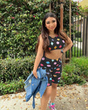 Allwanna  Cute 2Pcs Women Outfit Printed 2022 New Summer Tied O-Neck Sleeveless Crop Tops + High-Waist Shorts For Ladies
