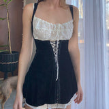 Allwanna Black Dark Velvet Lace Patchwork Mini Dress Women Cross Bandage Vintage Casual Party Dresses Gothic Emo Slim Dress