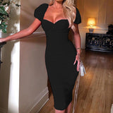 Allwanna  Double Layer Mesh Ruched Midi Dress Women 2022 Summer Short Puff Sleeve Backless Sexy V Neck Bodycon Club Party Dresses