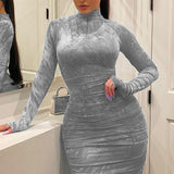 Allwanna Autumn Winter Women's Bodycon Dress Pleated Elegant Long Sleeve Party Dresses For Ladies Sexy Tight Female Clothing Evening 5XL