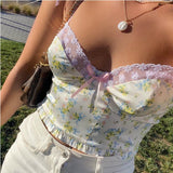 Allwanna  Frill Lace Floral Print Y2K Crop Top Women Summer Sleeveless Cute Camis Top Ladies Backless Casual Mini Vest Fashion