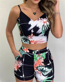 Allwanna  Fashion Women Shorts Suits 2Pieces Sets Summer Office Lady Floral Strap Tank Crop Top+High Waist Button Shorts Female Outfits