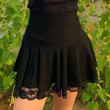 Allwanna  Black Goth Y2K Pleated Skirt Woman Punk Style Dark Academia Aesthetic Vintage Mini Skirts Lace Edge High Waist Saias