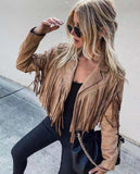 Allwanna  Faux Suede Tassel Jacket Womens Vintage Lapel Long Sleeve Fringe Cropped Hippie Motor Biker Cardigan Outwears  2022 New