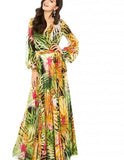 Allwanna  Bohemian Printing Long Dress V-Neck Long Sleeve Big Hem Women Autumn Summer Dress Elegant Casual Vestidos
