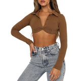Allwanna  Chic Solid Color Lapel Button Down Wrap Tube Tops Autumn Streetwear Women's Long Sleeve Slim Fit T-Shirt Crop Tops
