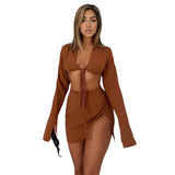 Allwanna  Fashion Long Sleeve Lace Up Bodycon Split Sexy Dress Sets Women Outfit Party Dresses 2 Pieces Top And Mini Skirts Matching Sets