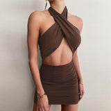 Allwanna 90S Bandage Bodycon Halter Neck Backless Mini Sexy Solid Sleeveless Crop Tops Dress Suits 2022 Women Summer Y2k Beach Clubwear