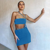 Allwanna  Bodycon Drawstring Ruched Sexy Bandage Dress Sets Fashion Women Outfits Summer Club Party Lace Up Top And Skirts Matching Set