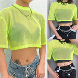 Allwanna  Bright Green Fishnet Crop Top Summer Mesh See-Through Tank Top Women Fashion Femme Tops Cropped Loose Shirt Female Clubwear S-L