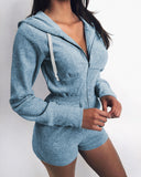Allwanna  Fall Long Sleeve V-Neck Front Zip Up Playsuit Rompers Jumpsuit 2022 Fashion Women High Waist Elastic Hooded Jumpsuit