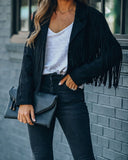 Allwanna  Faux Suede Tassel Jacket Womens Vintage Lapel Long Sleeve Fringe Cropped Hippie Motor Biker Cardigan Outwears  2022 New