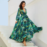Allwanna  Bohemian Printing Long Dress V-Neck Long Sleeve Big Hem Women Autumn Summer Dress Elegant Casual Vestidos
