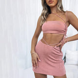 Allwanna  Bodycon Drawstring Ruched Sexy Bandage Dress Sets Fashion Women Outfits Summer Club Party Lace Up Top And Skirts Matching Set