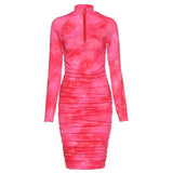 Allwanna 2022 Spring  Long Sleeve Tie Dye Ruched Bodycon Sexy Midi Dress Women Streetwear Outfits Party Bright Clothing