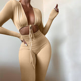 Allwanna  Long Sleeve  Bodysuit Women Jumpsuits Solid Color Female Deep V-Neck Tied Up Rompers Fitness Front Hollow Out Long Pants  2022