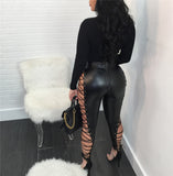 Allwanna  Hollow Out Lace Up Sexy Pencil Pants Women High Waist Bandage Leggings Club Party PU Faux Leather Pants Female