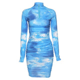 Allwanna 2022 Spring  Long Sleeve Tie Dye Ruched Bodycon Sexy Midi Dress Women Streetwear Outfits Party Bright Clothing