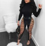 Allwanna  Hollow Out Lace Up Sexy Pencil Pants Women High Waist Bandage Leggings Club Party PU Faux Leather Pants Female