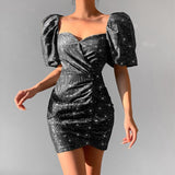 Allwanna Black Bling Short Evening Dresses Puff Sleeve Summer Bodycon Sexy Elegant Party Female Clothing Lace Up Mini Dress 2022