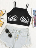 Allwanna  Gothic Black Skeleton Hand Print Cami Crop Top Women Summer Y2K Clothes Graphic Street Style Spaghetti Strap Tanks Tee Shirt