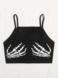 Allwanna  Black Goth Skeleton Print Spaghetti Strap Crop Top Women Y2K Clothes Summer Harajuku Sexy V-Neck Skinny Tank Top Emo Tee Shirt
