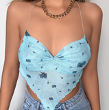 Allwanna  Heart-Shaped Pink Cute Mesh Halter Top Women Flower Print New Aesthetic Kawaii Cloth Sleeveless Backless Sexy 2000S Y2K Crop Top