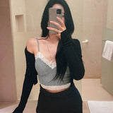 Allwanna  Summer Women's Sexy Camisole Sleeveless Backless Lace Ribbed Y2K  Knit Crop Cami Top Casual Spaghetti Strap Solid Camis