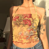 Allwanna  Ladies Summer Sexy Midriff-Baring Camisole Women Floral Printing Stringy Selvedge Hem Hanging Neck Sleeveless Mesh Tops