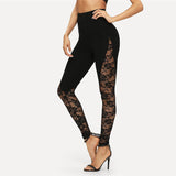 Allwanna  Sexy High Waist Black Lace Leggings Women's Ladies Floral Lace Side Panel Cut Out Black Leggings S-2XL