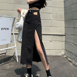 Allwanna  Hem Single Slits Zipper A-Line High Waist Side Slit Denim Casual Long Skirt Female Summer 2022 New Thin Girl Bag Hip Ins Tide