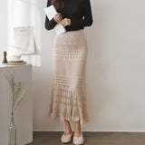 Allwanna  Korean 2022 New Women Knitting Long Skirts High Waist Flower Hollow Knitted Female Classic Loose Large Long Skirt