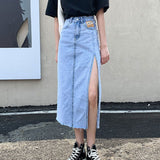 Allwanna  Hem Single Slits Zipper A-Line High Waist Side Slit Denim Casual Long Skirt Female Summer 2022 New Thin Girl Bag Hip Ins Tide