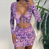 Allwanna  Print Women's Summer Dress Sets Mesh Long Sleeve Crop Top Mini Skirts Womens 2022 Two Piece Set Women Bodycon High-Waisted Skirt