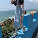 Allwanna  Hem Single Slits Zipper A-Line High Waist Side Slit Denim Casual Long Skirt Female Summer 2022 New Thin Girl Bag Hip Ins Tide