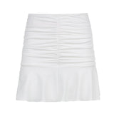 Allwanna  Summer 2022 Women Sexy Casual Pleated Hem Mini Solid Color Elastic High Waist Folds Short Black/ White/ Pink/ Young Style Skirt