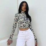 Allwanna  Spring Autumn Women's Dragon Printed Crop Tops Long Sleeve High Collar Short Slim T-Shirt