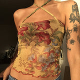 Allwanna  Ladies Summer Sexy Midriff-Baring Camisole Women Floral Printing Stringy Selvedge Hem Hanging Neck Sleeveless Mesh Tops