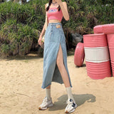 Allwanna  Hem Single Slits Zipper A-Line High Waist Side Slit Denim Casual Long Skirt Female Summer 2022 New Thin Girl Bag Hip Ins Tide