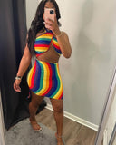 Allwanna  Sexy Rainbow Striped Tie Dye Halter Bodycon Dress Backless Women's Boobs Wrap Pencil Mini Dresses Party Night Clubwear Summer