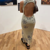 Allwanna  Floral Print Backless Sexy Knitted Dress Split Side Party Bodycon Long Dress Robe Vintage Skinny Fashion Streetwear