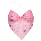 Allwanna  Heart-Shaped Pink Cute Mesh Halter Top Women Flower Print New Aesthetic Kawaii Cloth Sleeveless Backless Sexy 2000S Y2K Crop Top