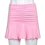 Allwanna  Summer 2022 Women Sexy Casual Pleated Hem Mini Solid Color Elastic High Waist Folds Short Black/ White/ Pink/ Young Style Skirt