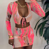 Allwanna  Print Women's Summer Dress Sets Mesh Long Sleeve Crop Top Mini Skirts Womens 2022 Two Piece Set Women Bodycon High-Waisted Skirt