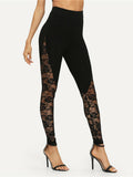 Allwanna  Sexy High Waist Black Lace Leggings Women's Ladies Floral Lace Side Panel Cut Out Black Leggings S-2XL