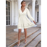 Allwanna  Jacquard Polka Dot Short Beach Dress Lady White Bohemian Chiffon Sexy Beachwear Women V Neck Long Sleeves Ruffled Slim Dresses